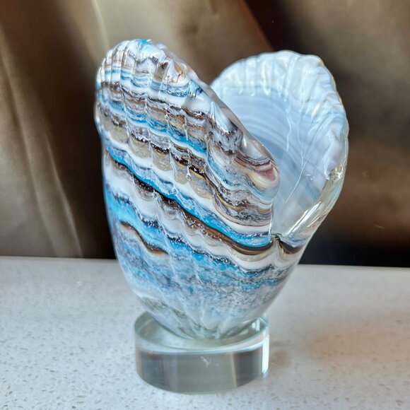 Handcrafted Blown Glass Shell Sculpture With Oceanic Swirls On Clear Base - Picture 5 of 7